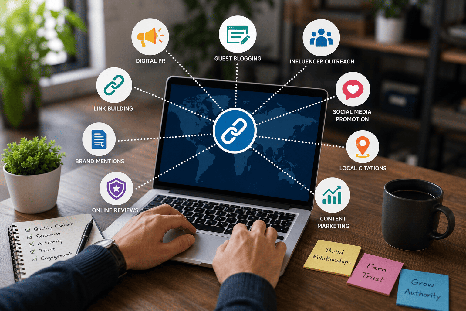 Illustration showing Off-Page SEO strategies, including backlinks, digital PR, guest blogging, brand mentions, social media promotion, influencer outreach, and website authority.