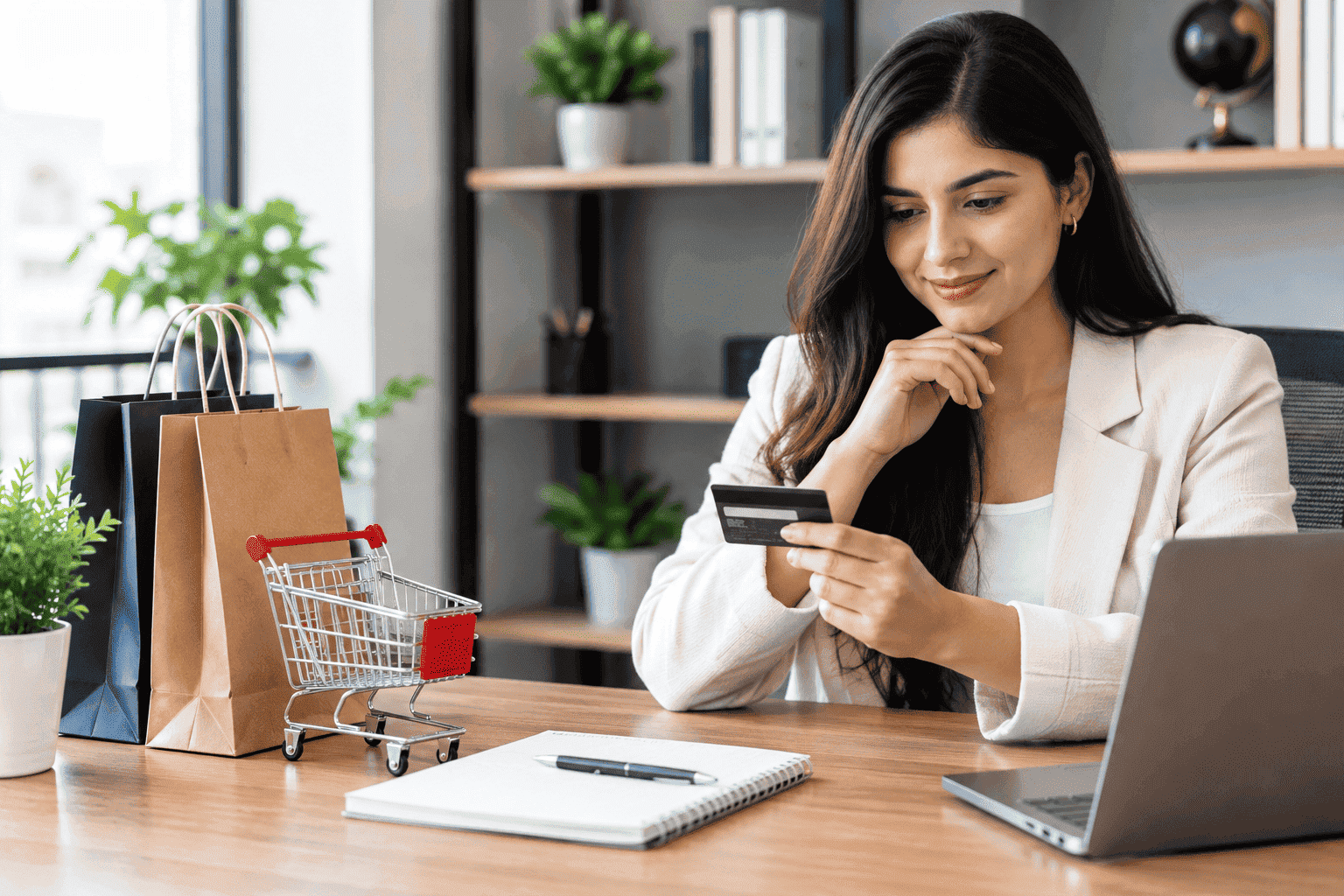 Checkout Optimization scene with a woman holding a payment card beside shopping bags and a shopping cart