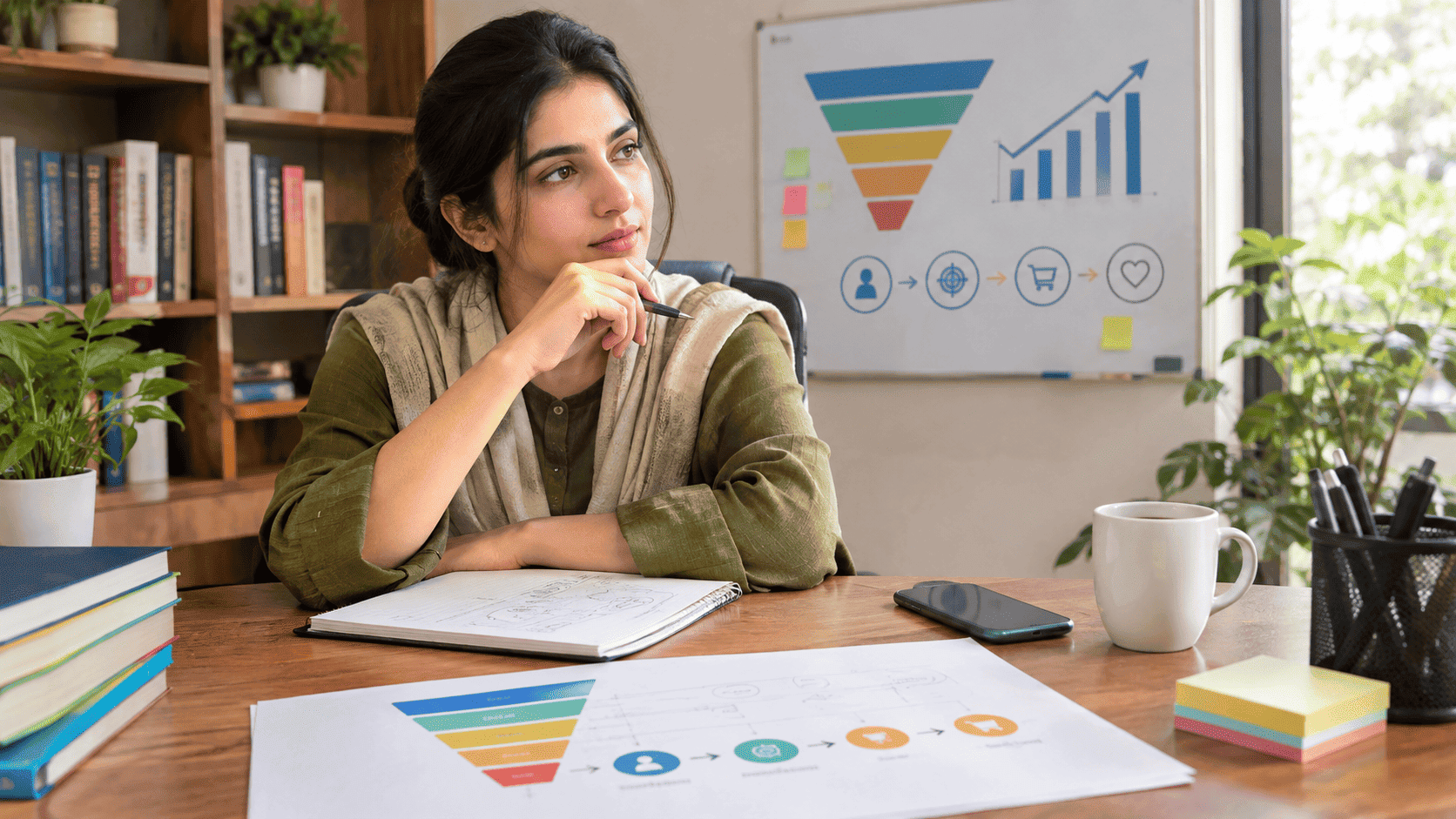 Woman planning a growth marketing strategy with customer funnel and business growth charts