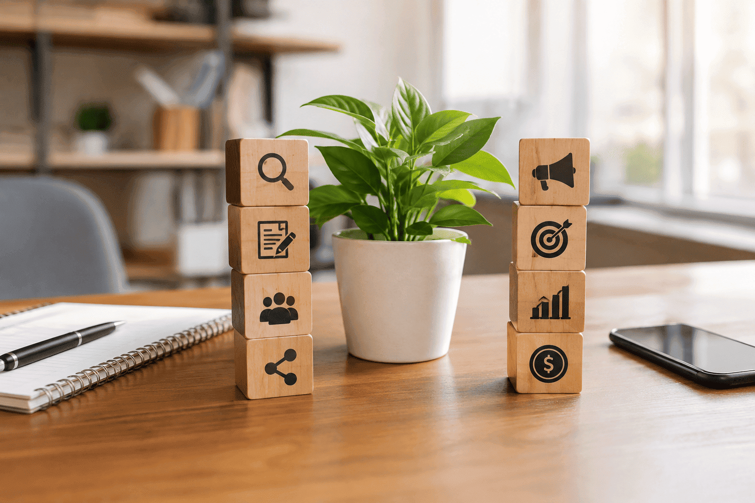 Organic Growth vs Paid Growth represented by wooden digital marketing blocks on a modern office desk