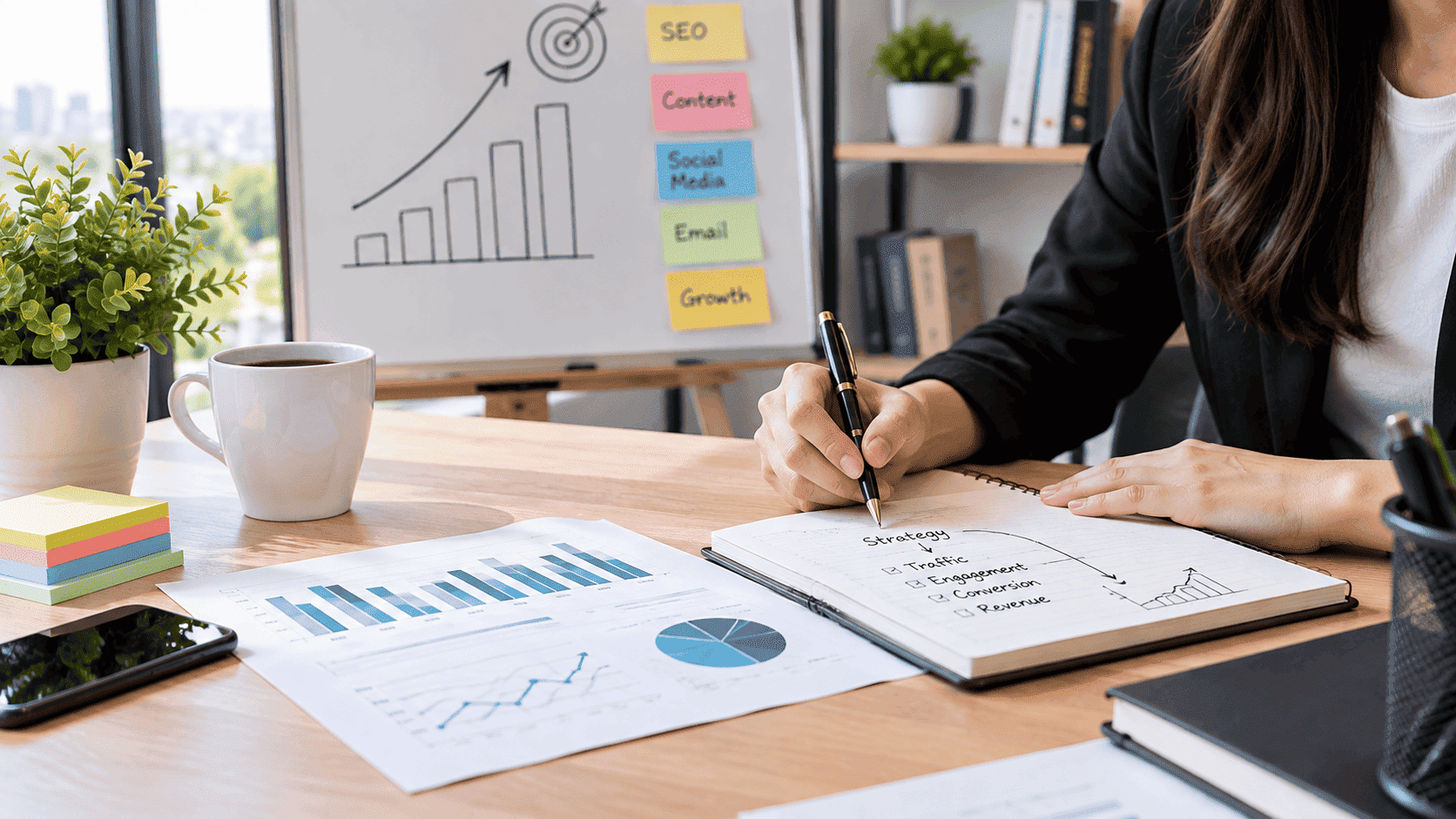 SEO strategy planning with analytics charts and content marketing notes