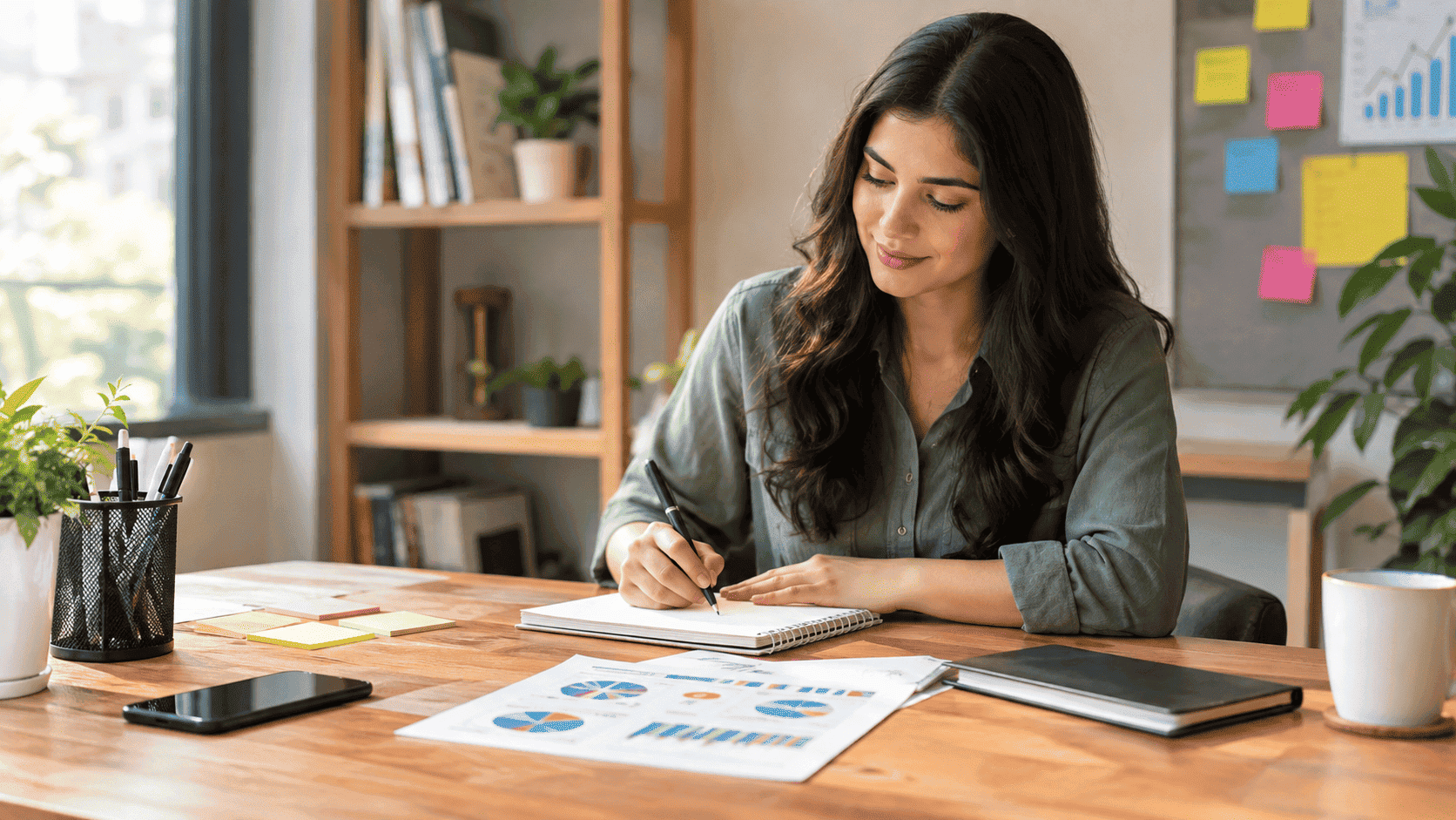 Customer acquisition strategies for online businesses shown through a professional workspace with marketing charts and planning materials