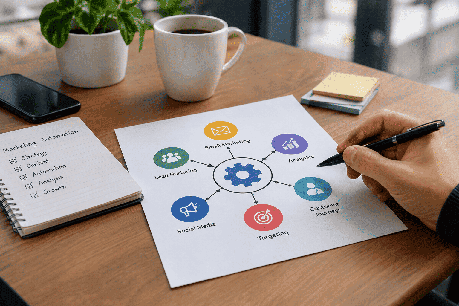 Marketing automation workflow with email marketing, lead nurturing, analytics, targeting, and customer journey concepts