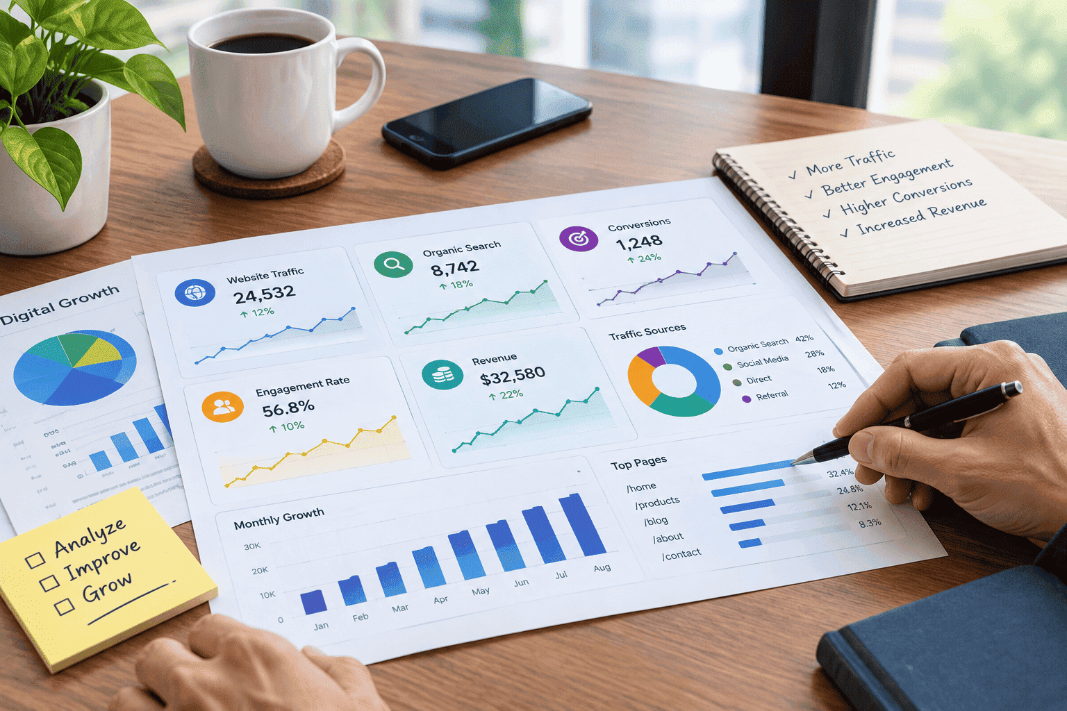 A realistic office workspace with printed digital growth charts, analytics graphs, a smartphone, coffee cup, plant, notebook, and a person reviewing performance data with a pen.