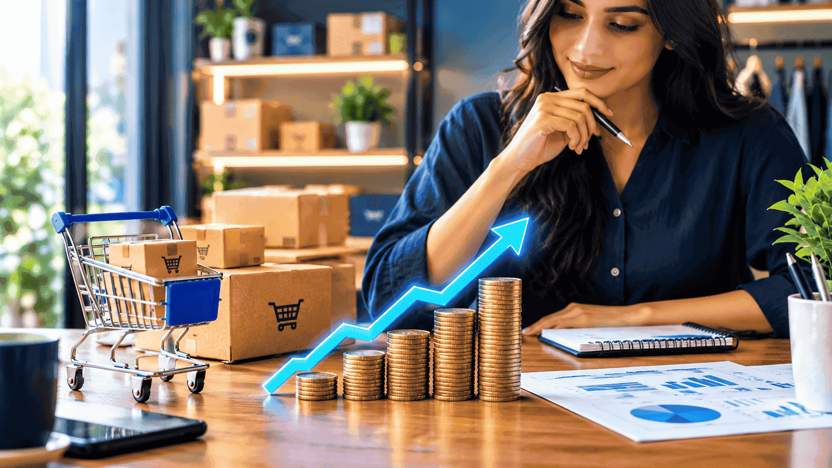 Professional online business workspace showing ecommerce growth, profit planning, rising sales, and business scaling