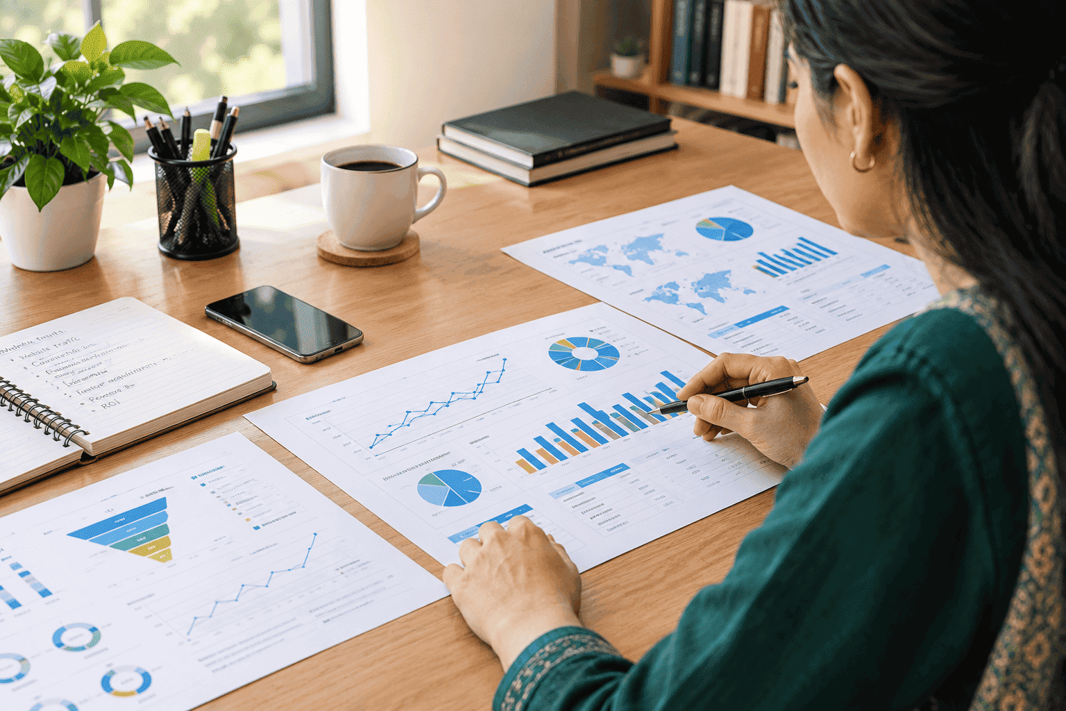 Marketing analytics professional reviewing performance charts and reports at a modern workspace