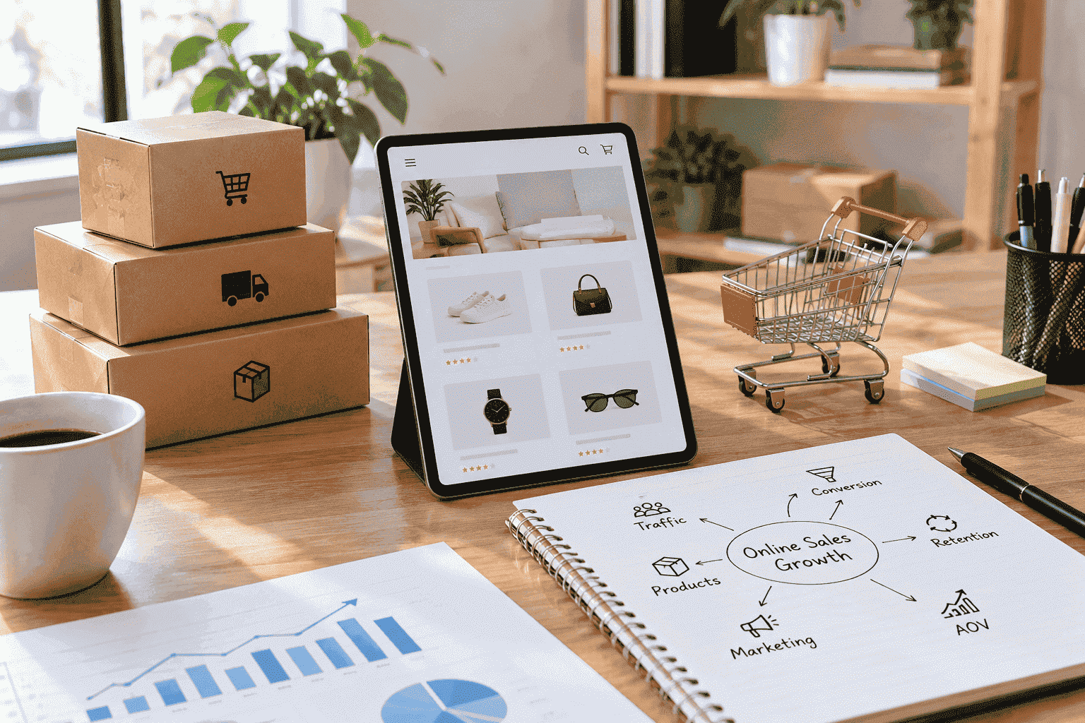 Ecommerce workspace with online shopping products, shipping boxes, shopping cart, and sales growth analytics on a wooden desk.