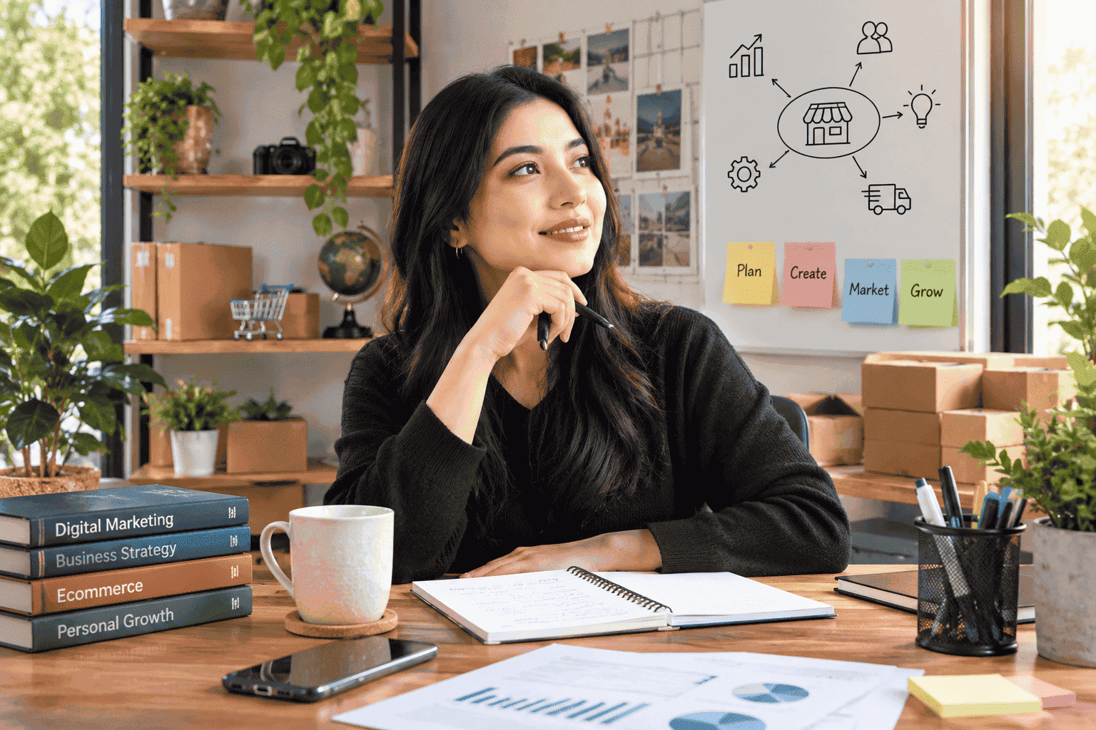 Best online business models for beginners in 2026, featuring a woman planning an online business in a professional workspace.