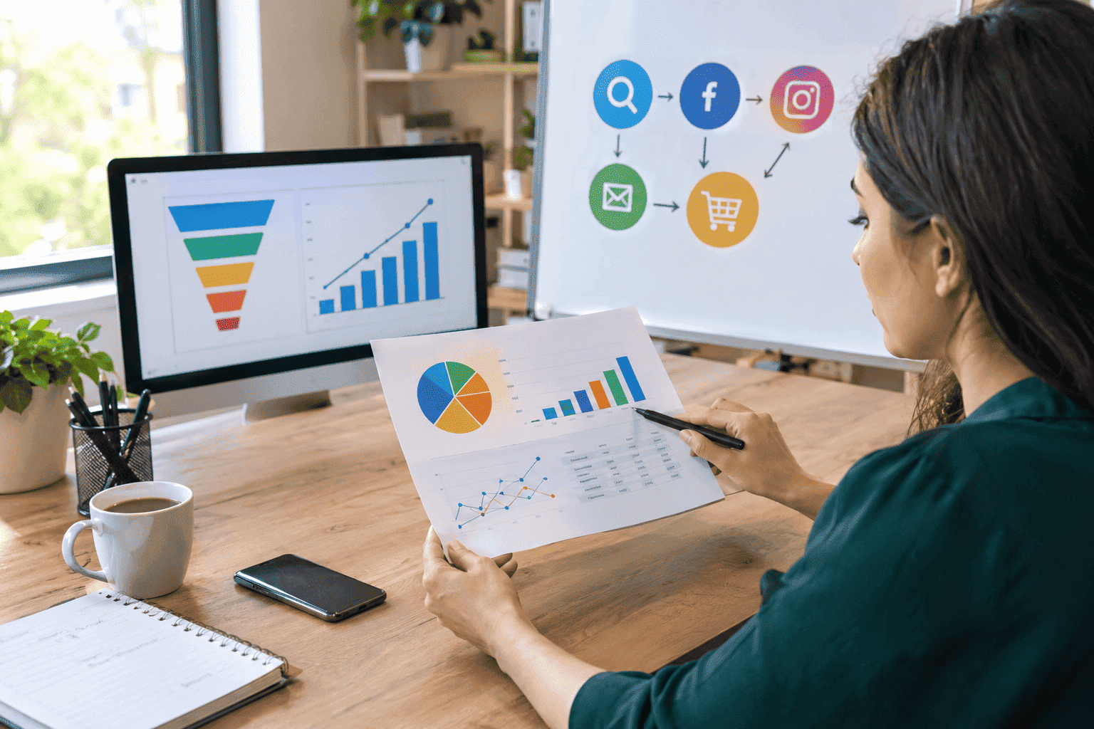 Marketing professional reviewing printed marketing analytics charts and campaign performance data to measure return on investment.