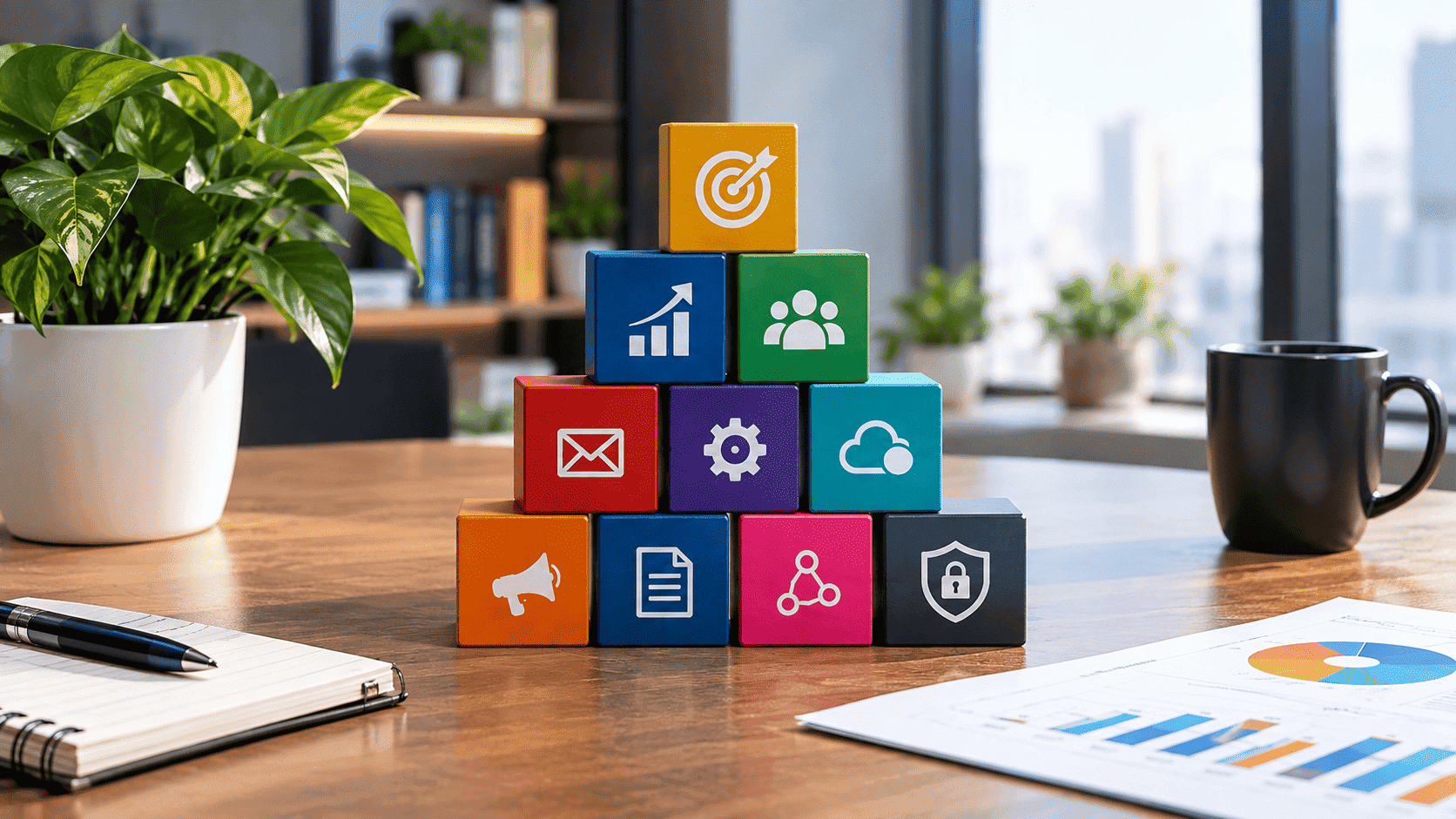 MarTech stack represented by connected marketing technology blocks in a professional office setting