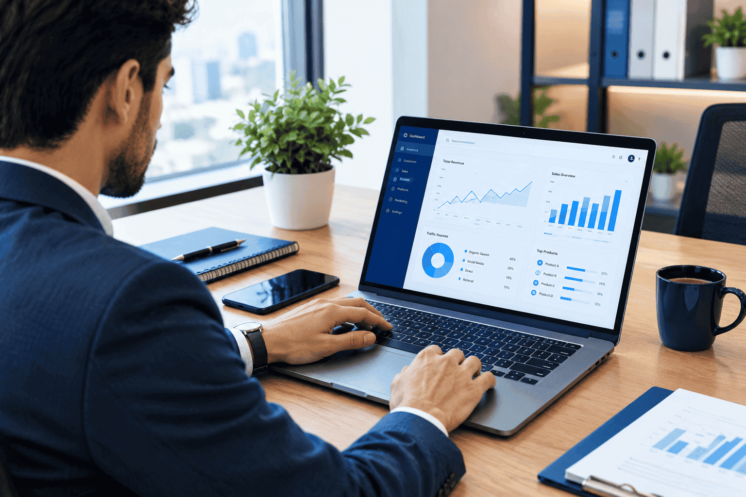 Professional entrepreneur analyzing digital business strategy and website performance analytics on a laptop