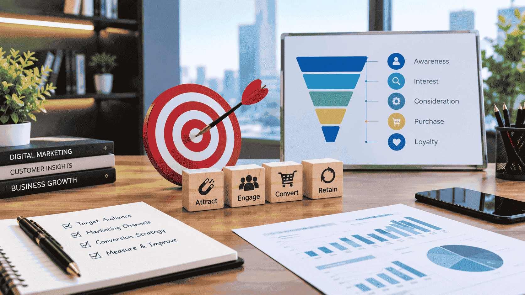 Customer acquisition strategy workspace with a marketing funnel, target audience planning, conversion tracking, and growth analytics.