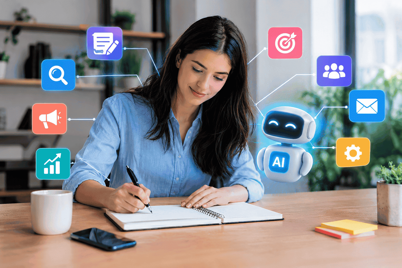 Woman using AI technology while writing in a notebook, with an AI robot and digital productivity icons around her
