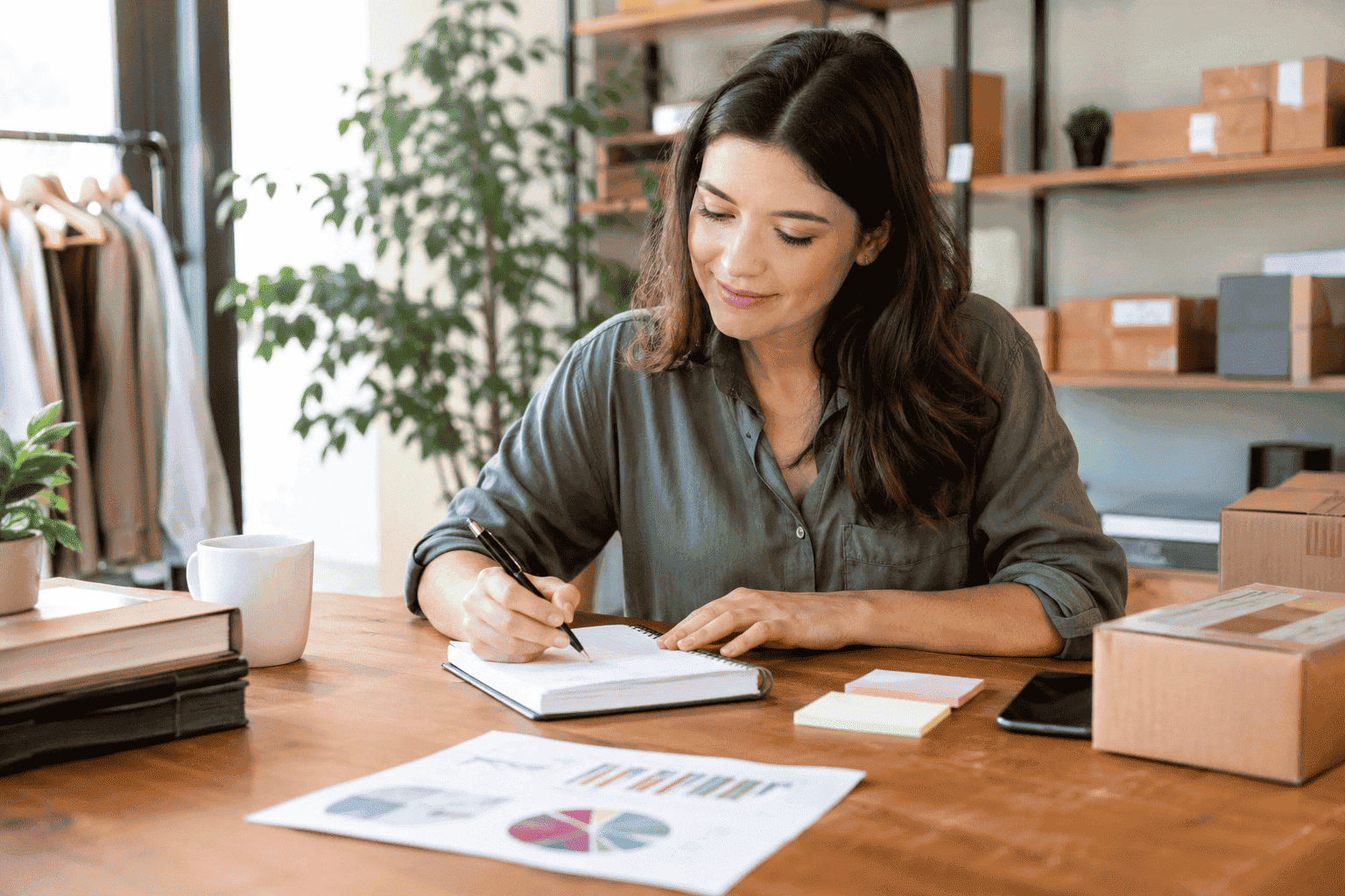Woman planning an online business strategy in a home office, writing notes beside business charts, product packages, and office supplies.